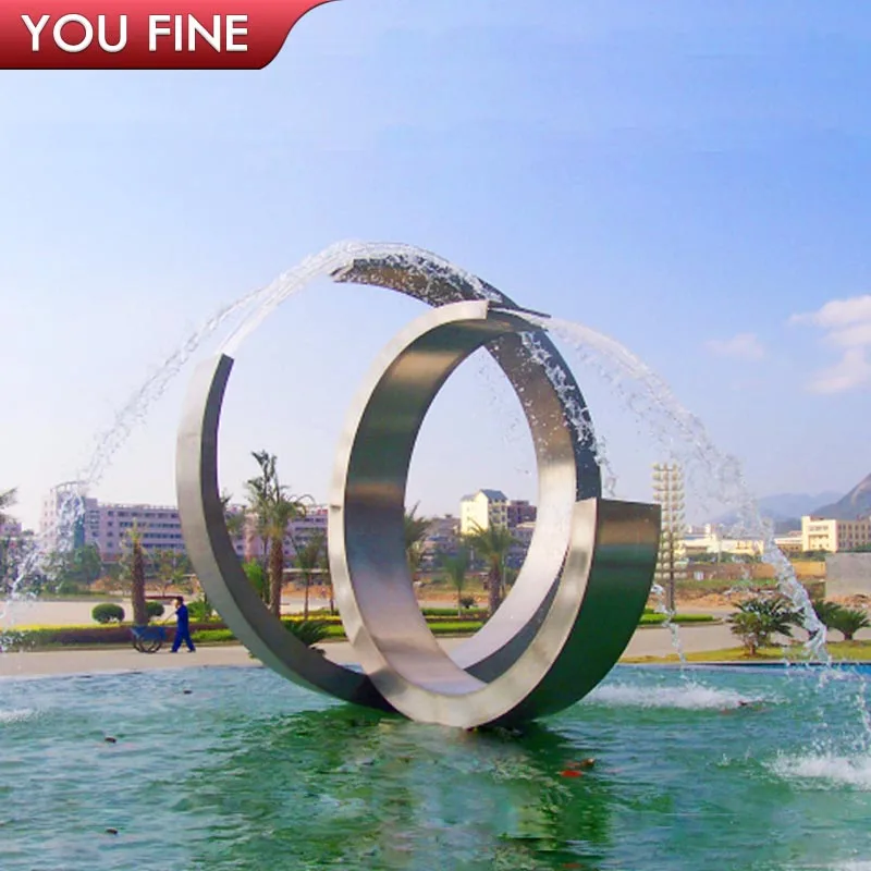 Outdoor Garden Modern Art Large Metal Ring Statue Stainless Steel Water Fountain