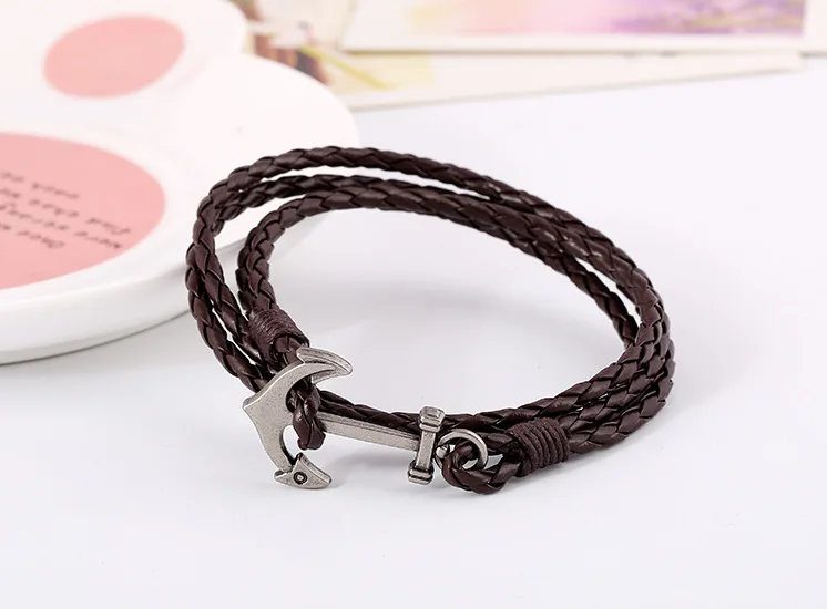 2019 PU Leather Bracelet Handmade Braid Bracelet With Metal Anchor Men Bracelet Jewelry