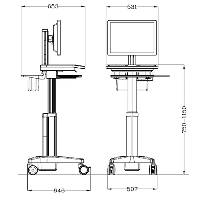 Silent caster height adjustable medic computer cart trolley