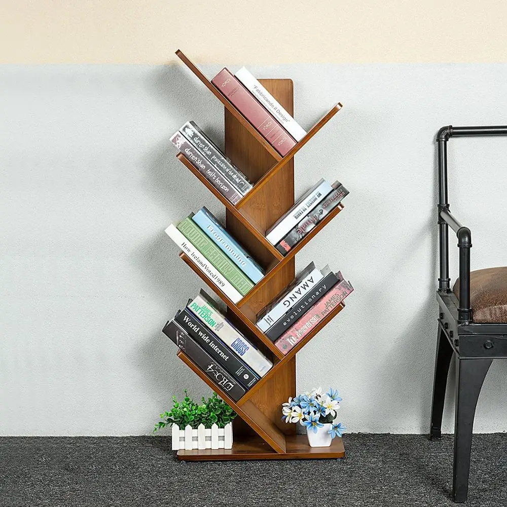 7 Shelf Hard Wood Tree Shaped Bookcase Book Rack Storage Organizer for Records & Books