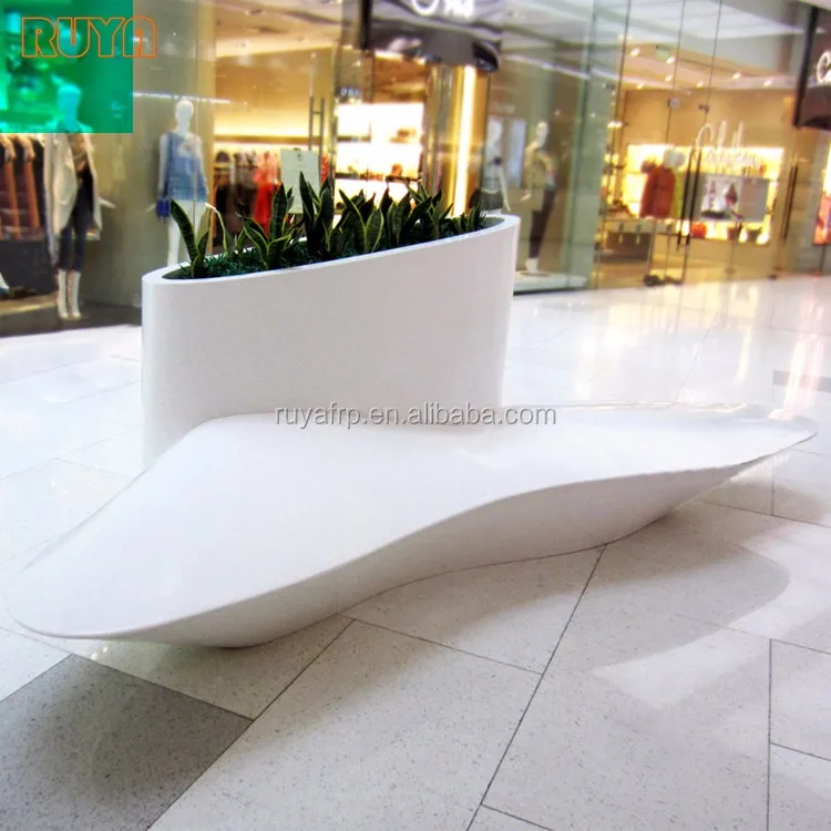 Fiberglass bench chair with mid planter pot for airport lobby decoration seating and waiting