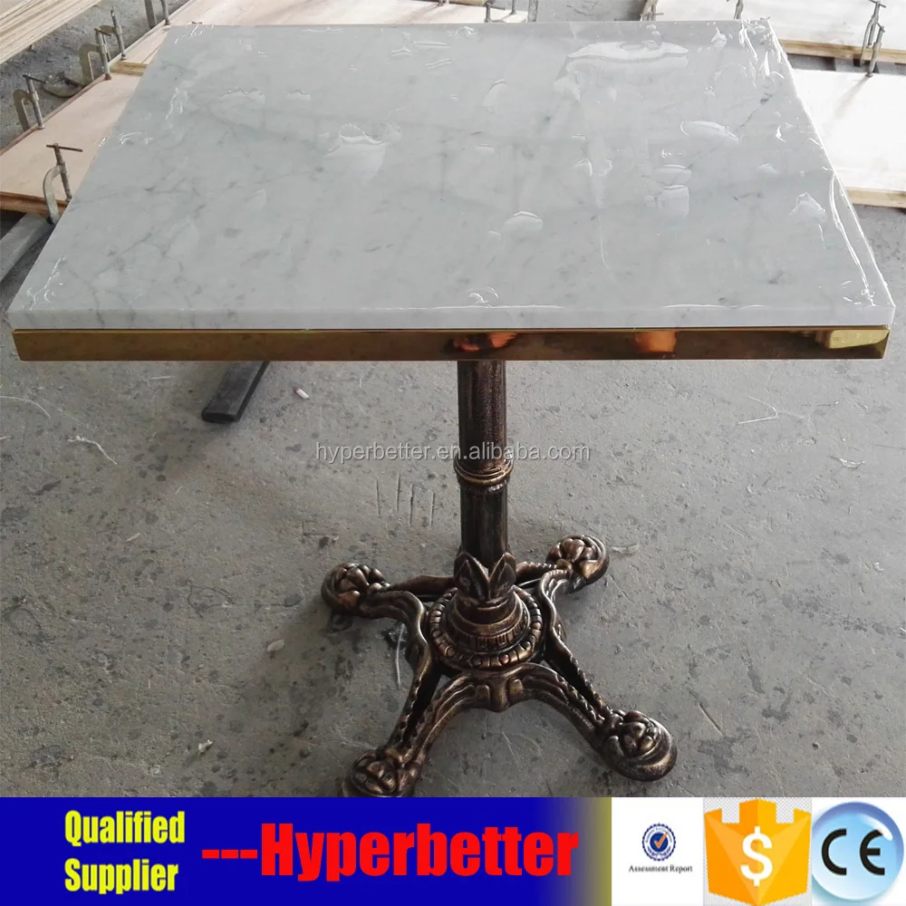White quartz table top square with wrought iron table leg