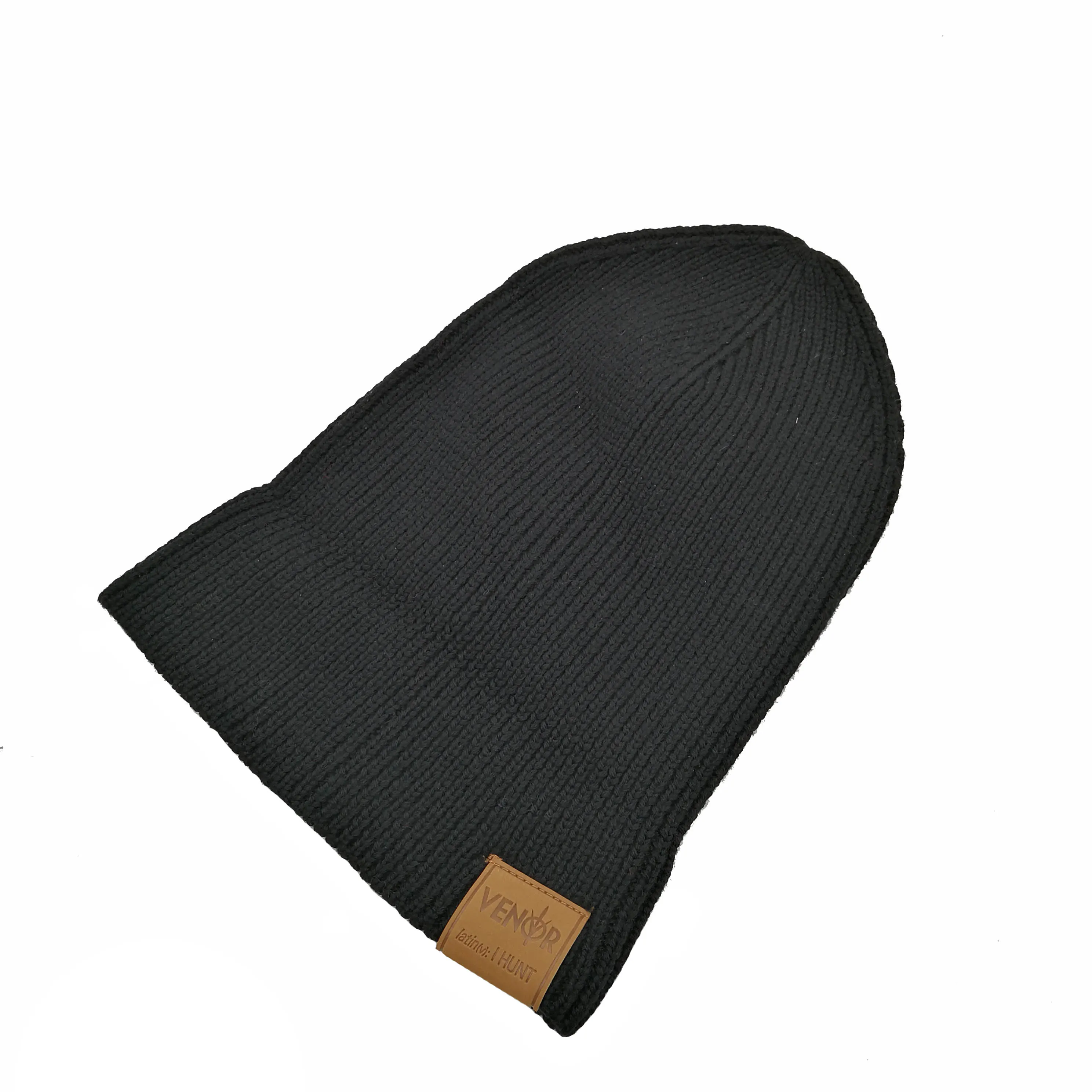 Black Wool Blend Soft Fisherman Slouchy Custom Knitted Ribbed Beanie With Leather Label