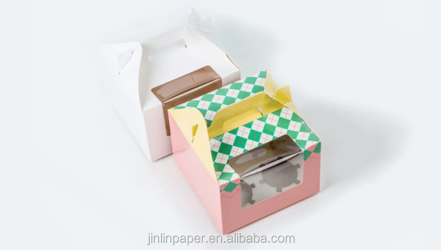 Биоразлагаемая бумажная коробка для маффинов с ручкой и разделителем 4 тортов