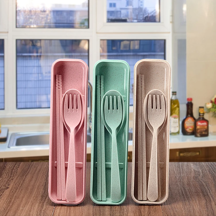 Good Quality Home Use Goods Green Colour Wheat Straw Fork Chopsticks Spoon Tableware Dinnerware Sets