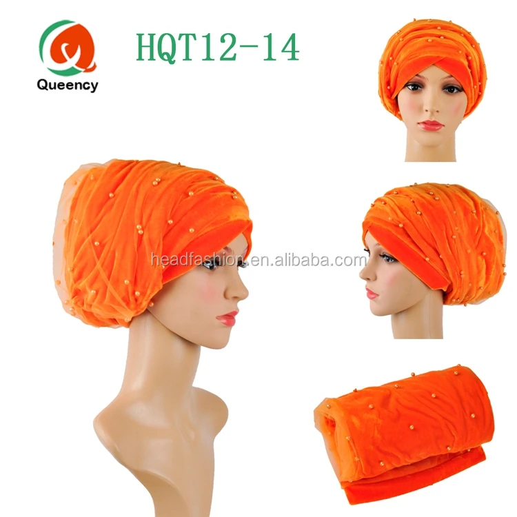 HQT12 Queency Latest Fashion Handmade Islamic Muslim Women Turban Gele Velvet Headscarf with Net and Beads