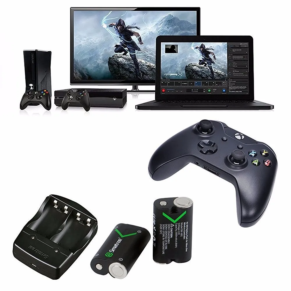 Smatree Rechargeable NI-MH Battery 2000mAH (2-Pack) + Dual-Channel Charger for Xbox One / Xbox One S Wireless Controller