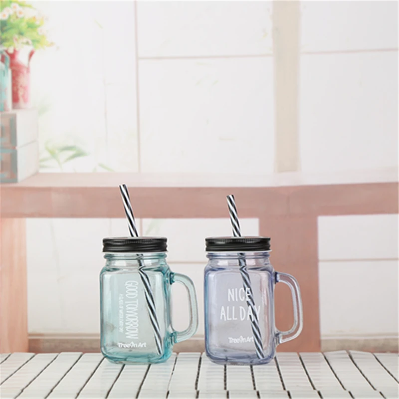 Hot Sale 500Ml Square Shape Mason Jar Glass Water Cup Juice Bottle With Straw And Handle