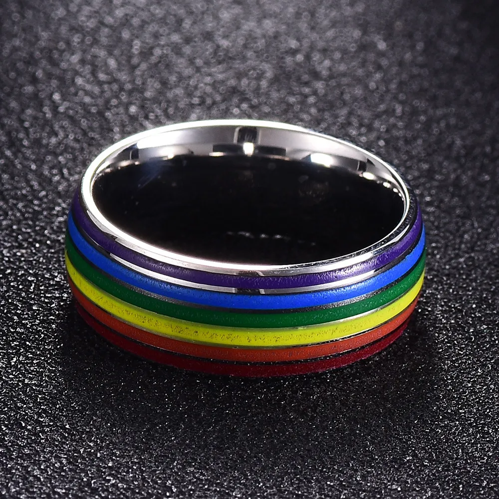 8mm Titanium Stainless Steel Rainbow Enamel Gay Lesbian Wedding Engagement Promise Band  Pride Ring
