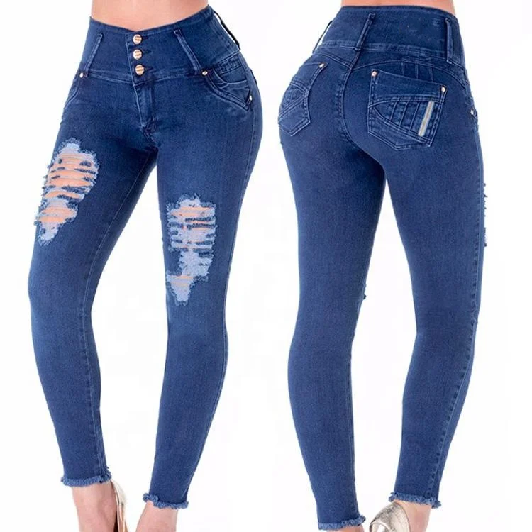 Blue Black Ripped Jeans Women High Waist Mom Stretch Ripped Jeans Skinny Pants Hole Baggy Trousers Long Denim Jeans Pants