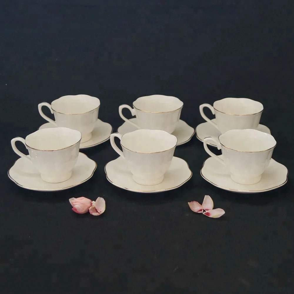Ceramic 6 Sets Bone China Gold Rim Rose Tea Cups And Saucers
