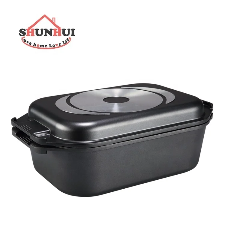 Cast Aluminum Rectangle 35 cm Roaster Pan With Silicon Rim Glass Lid 13-Inch Non-stick Roasting Pan