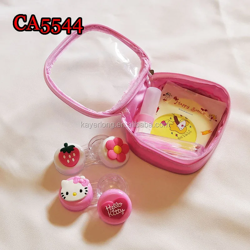 Оптовая продажа ПВХ мягкий Hello kitty и клубника деко, наборами по 2 пары футляр для контактных линз с чехлом из искусственной кожи пу CA5544