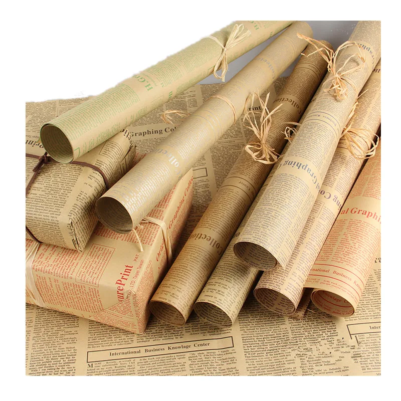 
English Newspaper brown kraft paper rolls Custom printed 80gsm 115gsm packing flower wrapping paper 