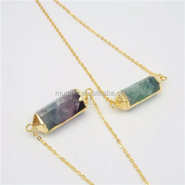 NM20705 Rainbow Fluorite Point Necklace Double Bail Hexagonal Prisms Connector Pendant Gold Plated Crystal Necklace