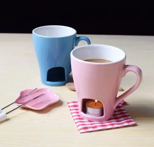 Switzerland popular blue color custom logo cheap mini fondue mugs chocolate fondue warmer