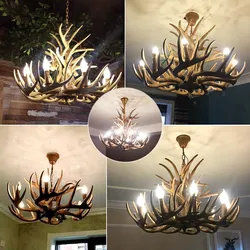 Nordic antique deer antler resin kitchen decorative candle LED pendant lighting rustic ceiling wooden chandelier