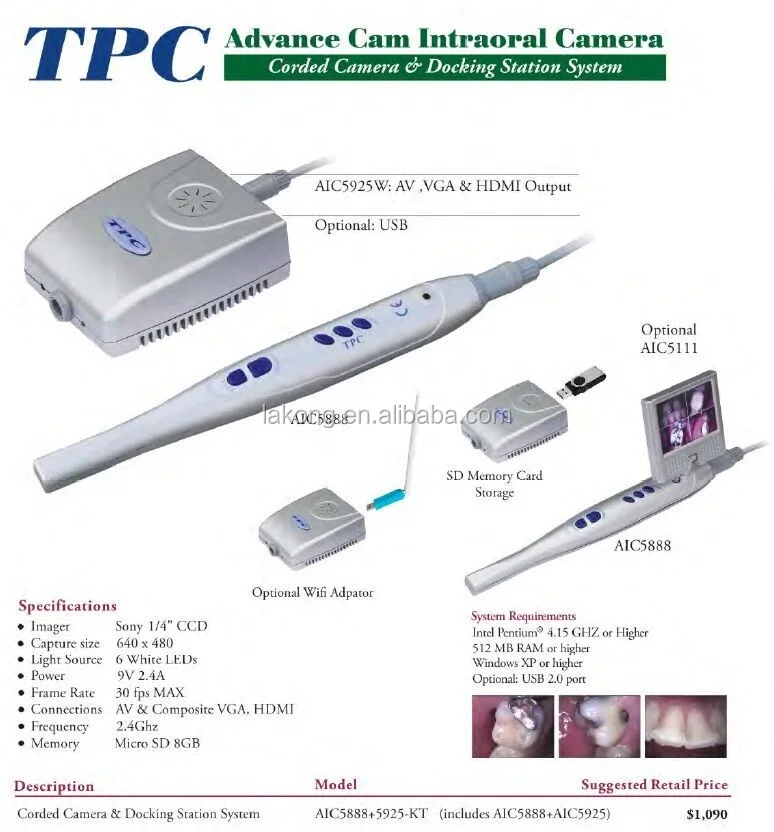 AIC5888+AIC5925 High Pixels wired or wireless dental intraoral camera with WIFI Connection can used in any monitor
