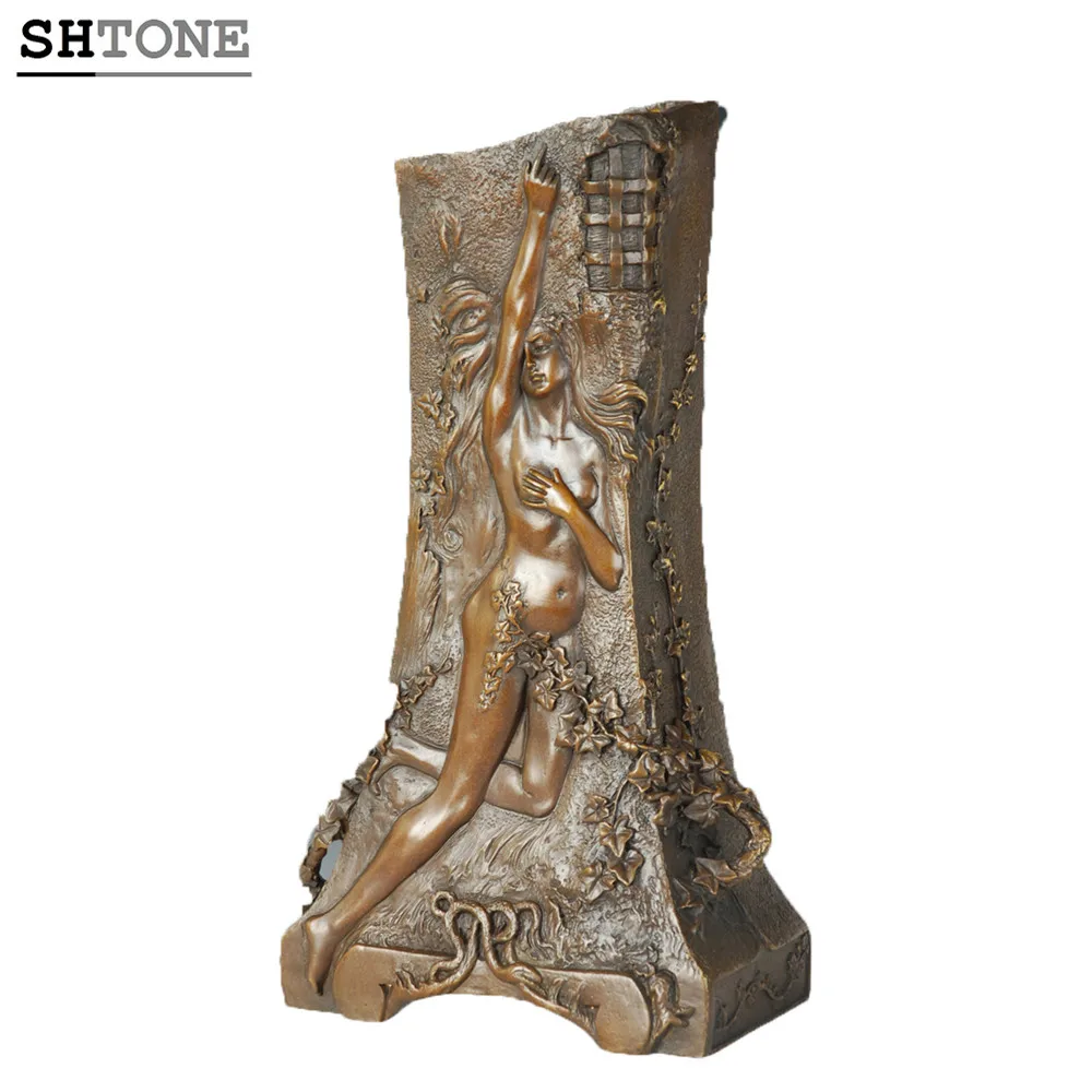 
SHTONE Hand-made Vase Statues TPE-665 Artwork Bronze Girl Beauty Square Vase Art Sculpture 