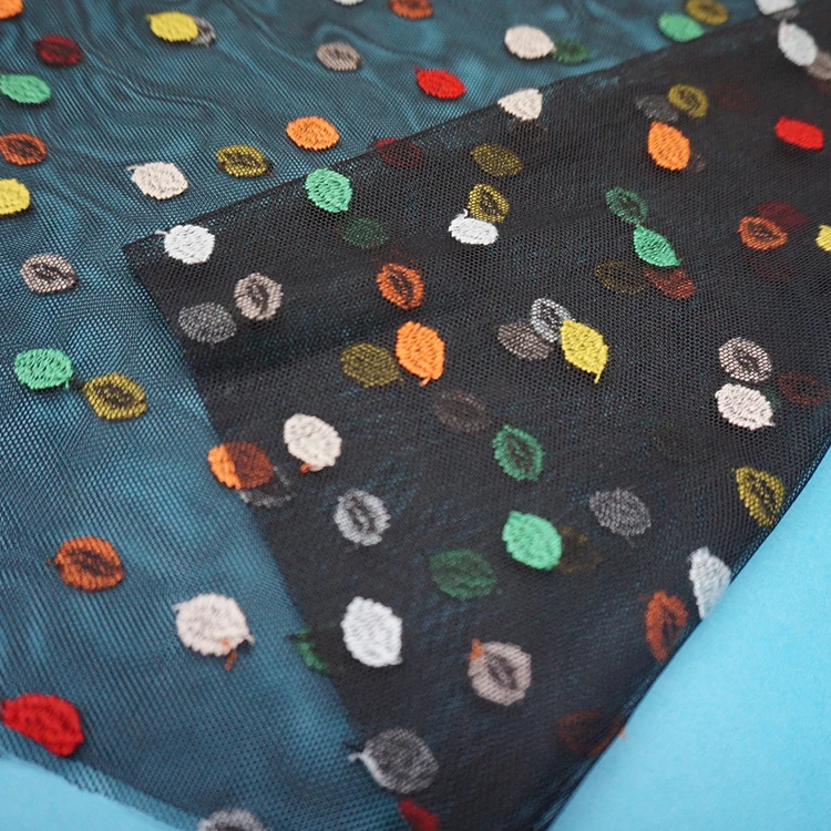 
Cute leaf shape embroidery wave embroidery mesh fabric for kids dress 