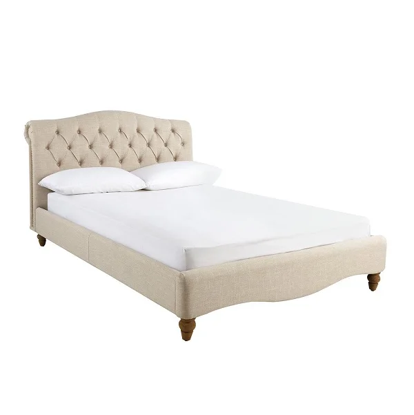 
deep buttoned sleigh headboard low foot end double size linene fabric upholstered bed 