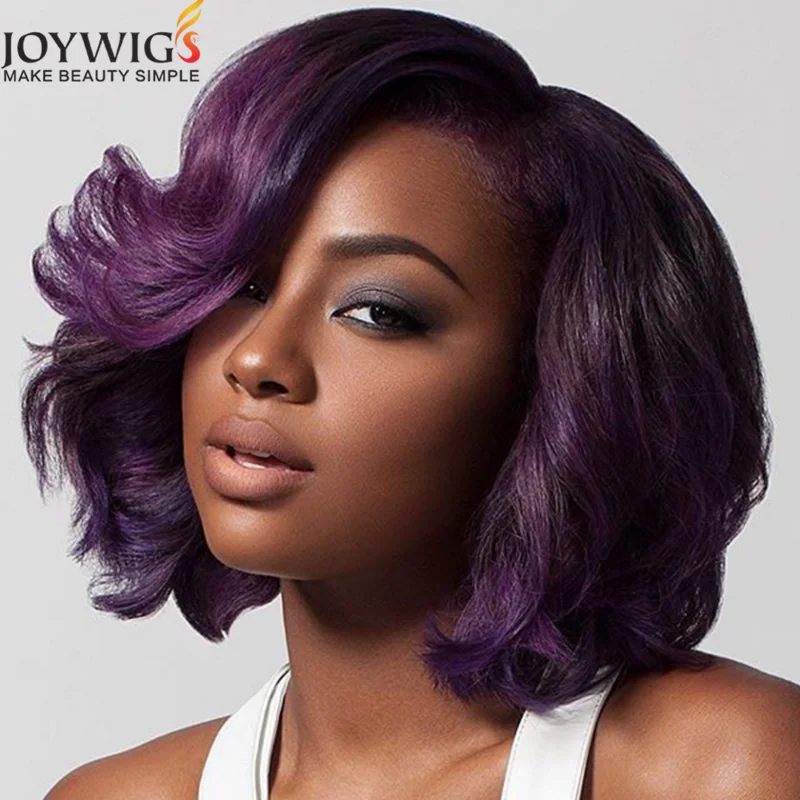 
Модные волосы в стиле Боб, волнистые пурпурные волосы без повреждения кутикулы, короткие волосы, парик на сетке спереди, бесплатная доставка 