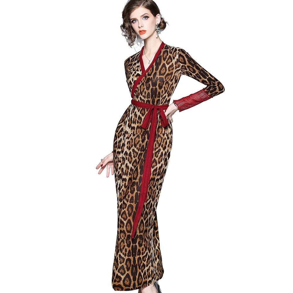 
European and American Women Fashion Red Lace Patchwork Open Stitch Sexy Leopard Maxi Dress 