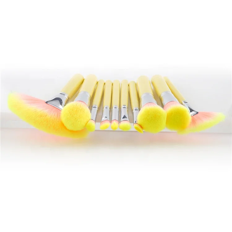 Wholesale High Quality Pink Yellow Beautiful Synthetic Pro Professional Makeup Brushes 10 Set Private Label