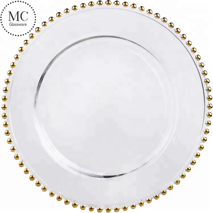 Круглые тарелки из прозрачного золотого стекла с бисером