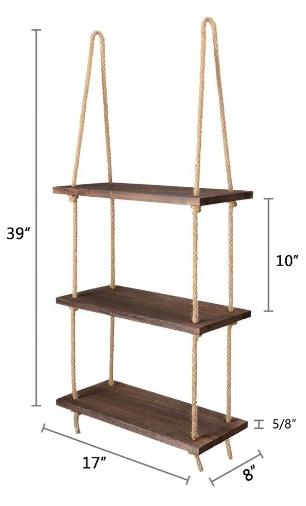 Wood Hanging Shelf Wall Swing Storage Shelves Jute Rope Organizer Rack, 3 Tier
