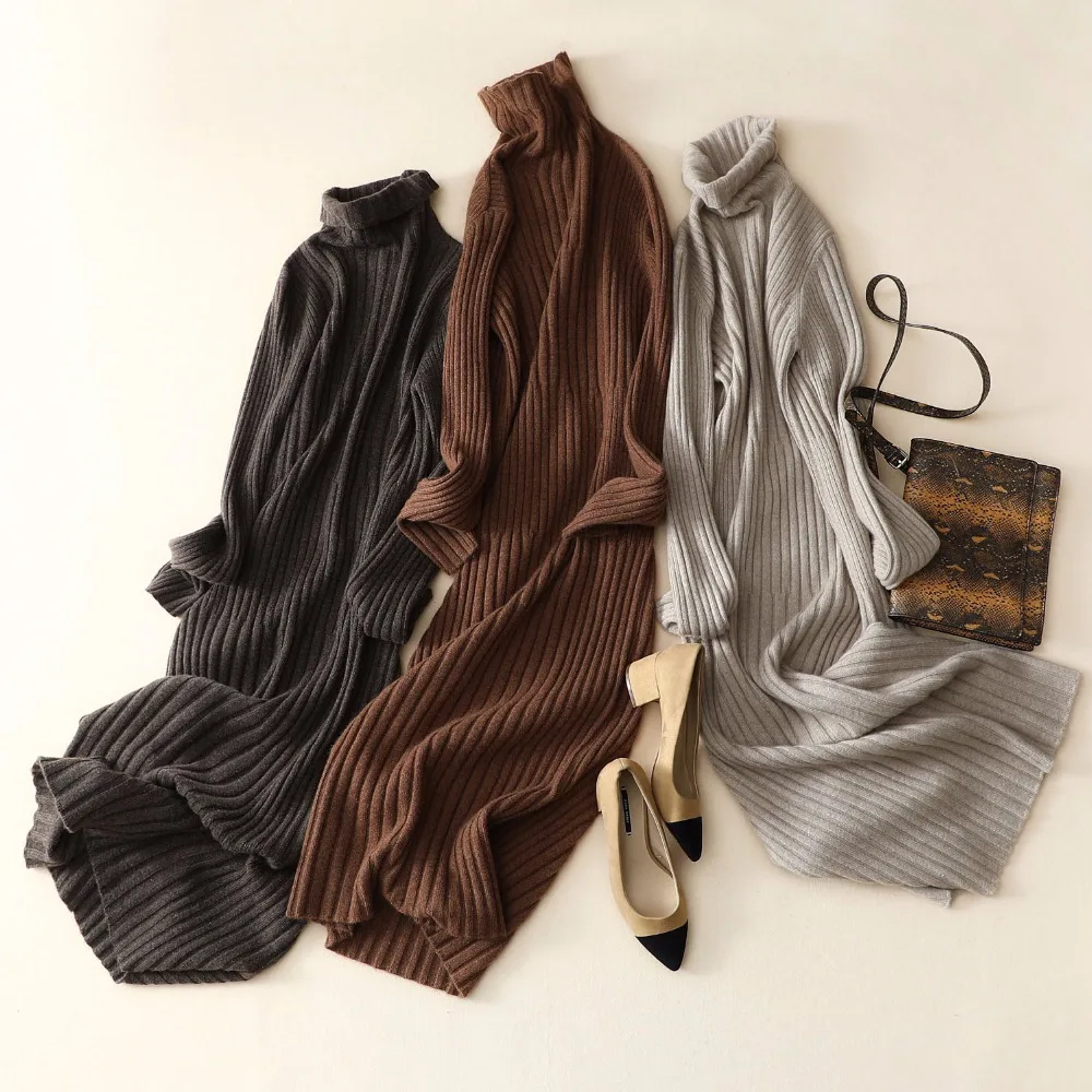Ladies winter women stripe casual dress cashmere dress wool turtleneck evening dress Cable Knit Sweater for women
