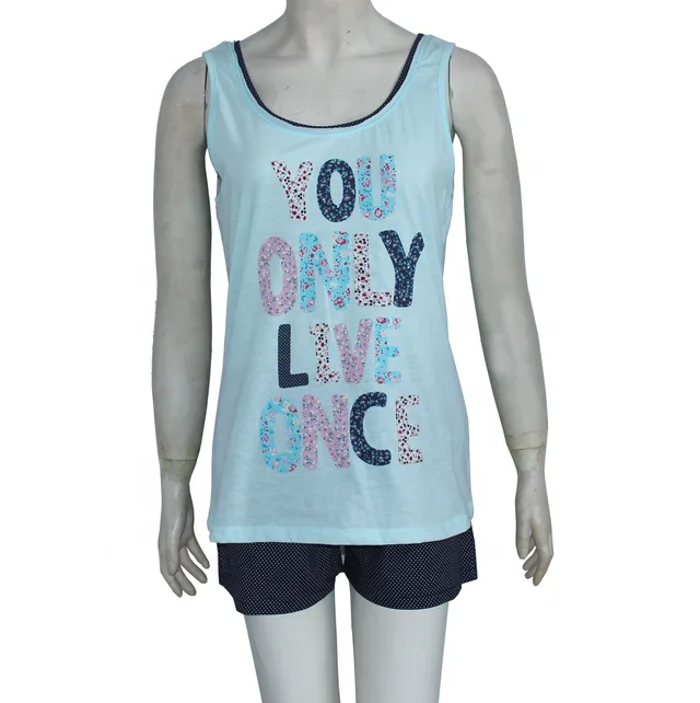 Trendy 100 cotton summer short sleeve pyjama tops and bottoms