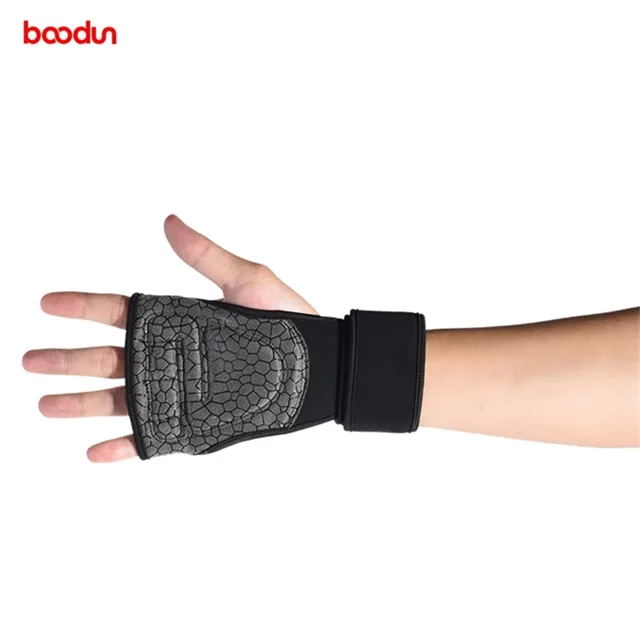 BOODUN Stock Fitnesss Training Long Wrist Best Grip Half Finger Weight Lifting Gym Gloves for Wholesale