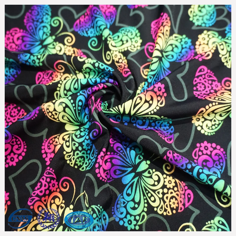 
UPF 50 nylon spandex screen print fabric high-elastic colorful butterfly warp knitting suit for swimwear fabric 