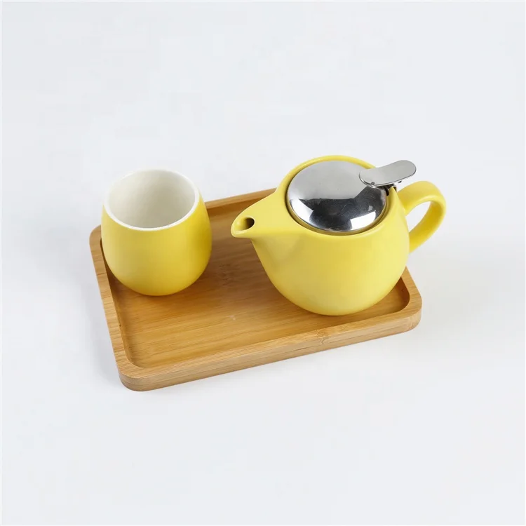 Bamboo tray custom printing yellow modern porcelain tea set with infuser for one person