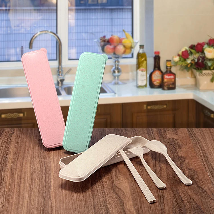 Good Quality Home Use Goods Green Colour Wheat Straw Fork Chopsticks Spoon Tableware Dinnerware Sets