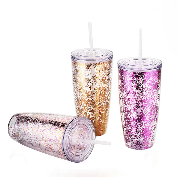 Factory Custom Logo double wall 24oz reusable tumblers straw glitter plastic cup with straw