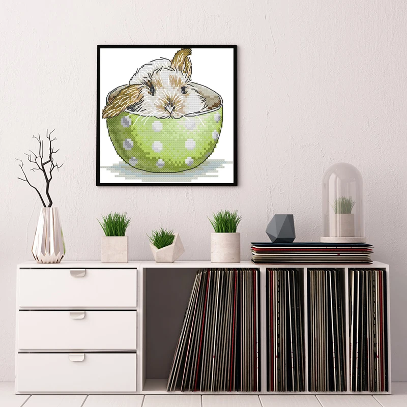 NKF A rabbit in a teacup stamped counted 11ct 14ct rabbit patterns cross stitch embroidery for home decoration