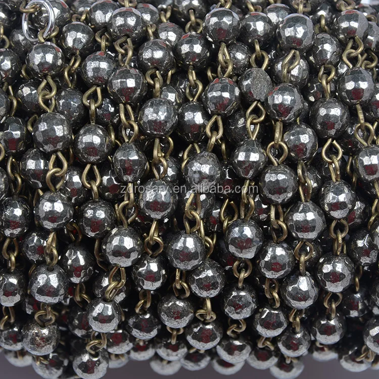 Antique Bronze Wire Wrapped Chain Rolls Natural Hematite Bead Rosary Link Precious Stone Necklace for D I Y