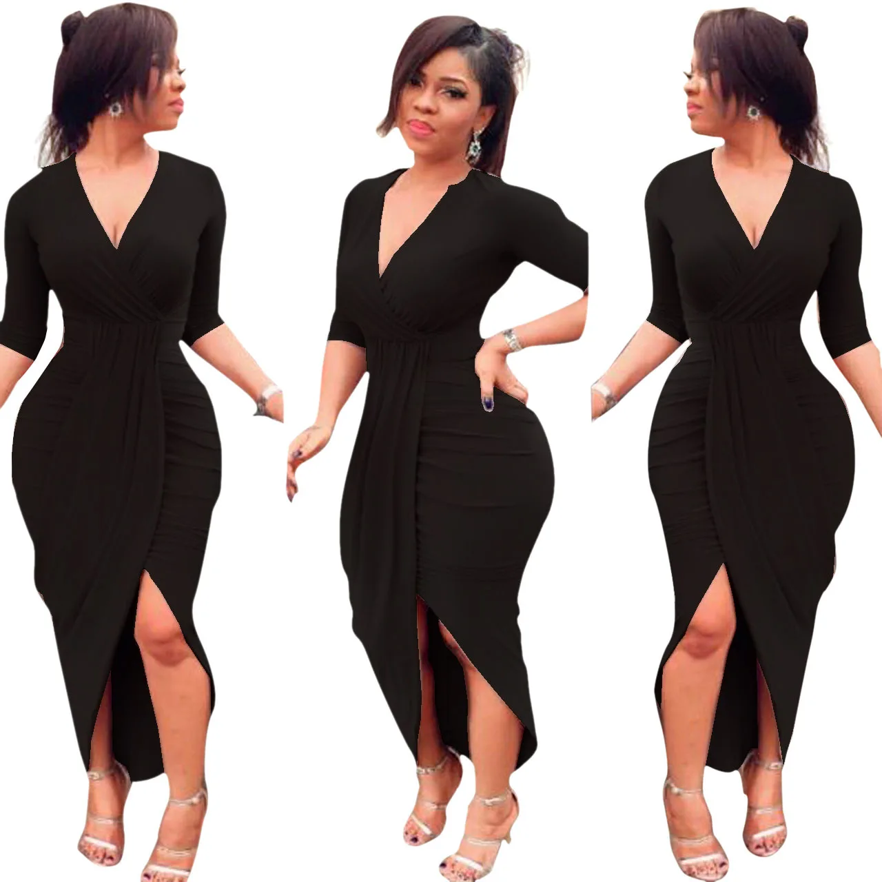 YQ29 Sexy V Neck Half Sleeves Asymmetrical Red Polyester Sheath Mid Calf Dress With Long Sleeve Maxi Dress