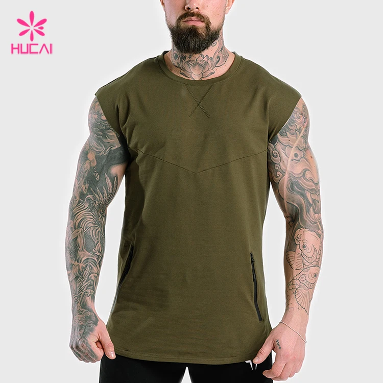 Wholesale Kangaroo Zipper Pocket Slim Fit Men Custom Curved Hem T-Shirt