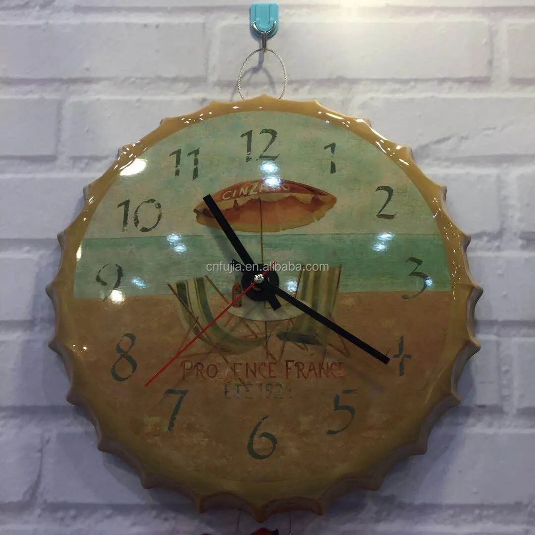Custom 3d embossed vintage metal wall decor beer bottle cap shape tin sign clock