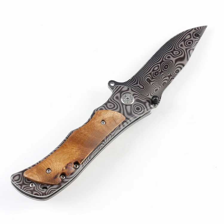 
Wooden handle folding pocket knife EDC knife with Damascus laser pattern surface 