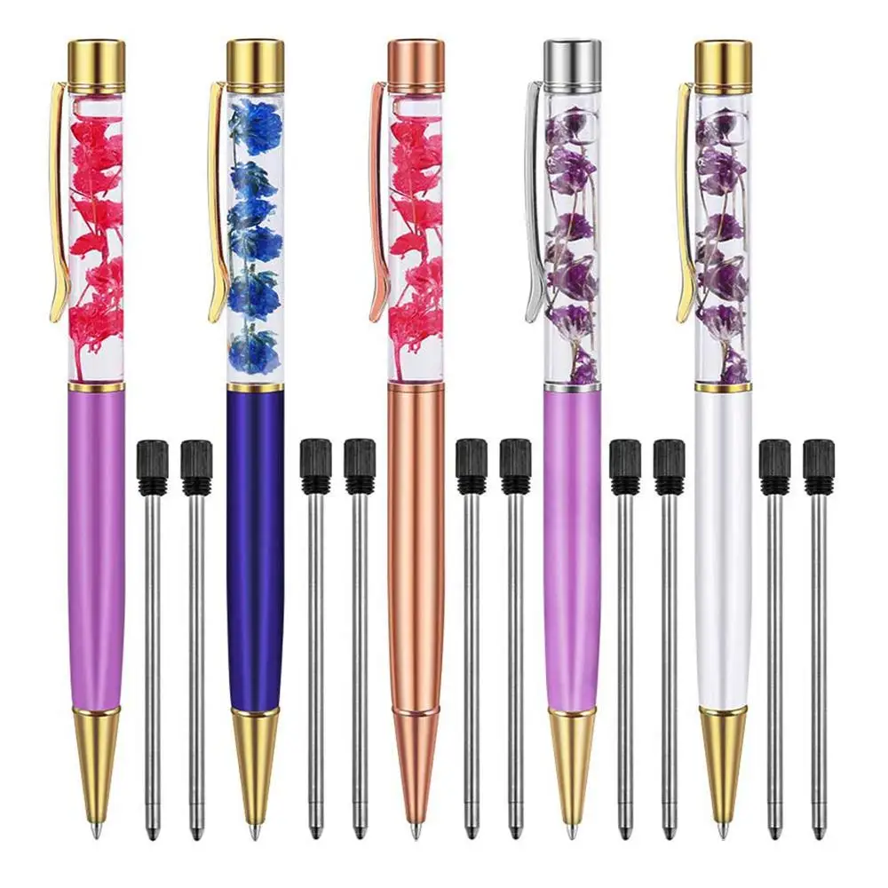 Dry Flower Ballpoint Pen,Dynamic Liquid Flower Pen,Black Ink Refill Ballpoint Pen Writing Stationery School