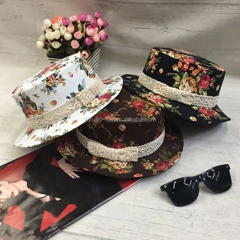 
Printing Pattern Flower Cotton Lace Flat Top Boater Hat 