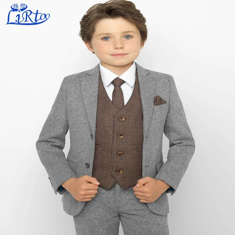 High quality custom boys grey and brown tweed suit new design child track suit