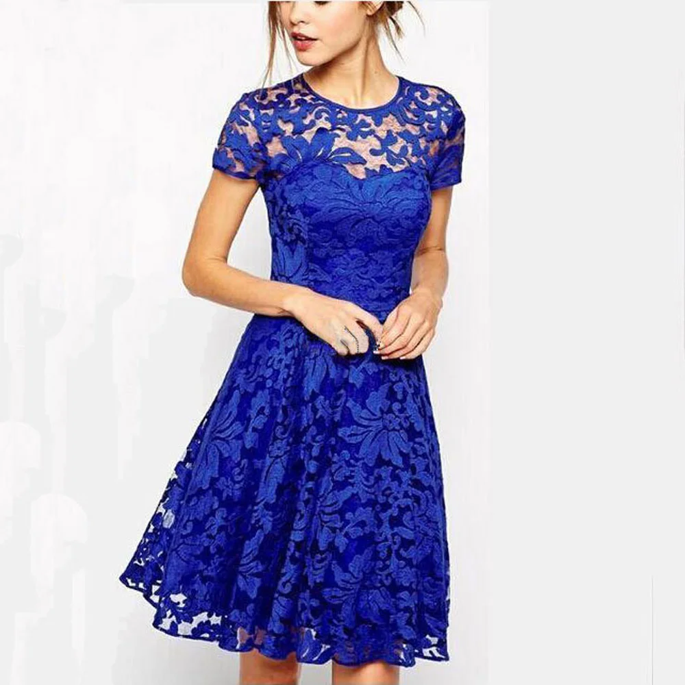 Hot new fashion temperament round neck short-sleeved blue lace cocktail dress