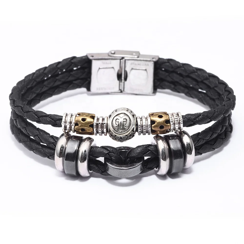 Alloy Charm Leather Zodiac Bracelet Adjustable Metal Buckle 12 Constellations Leather Wrap Bracelets