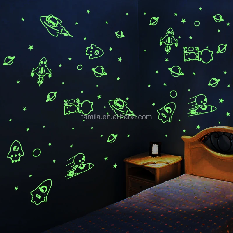 Night Glowing Spaceship Moon Star Fluorescent Sticker For Living Room Decorative PVC Wallpaper
