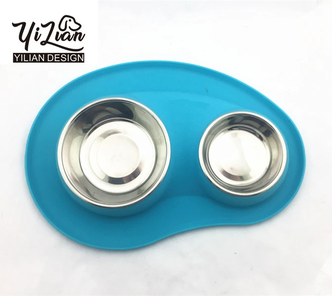 Stainless steel dog bowls with mat silicone, 2 in 1 double dog food silver bowl metal dog bowl stainless steel